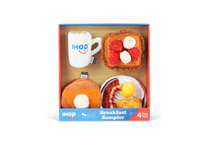 IHOP x P.L.A.Y. Breakfast Sampler bundle packaging shown with all four toys inside